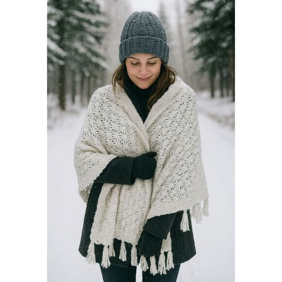 Handmade White Silver Shimmer Thread Crochet Shawl Wrap Lightweight Fringe Scarf - Picture 7 of 7